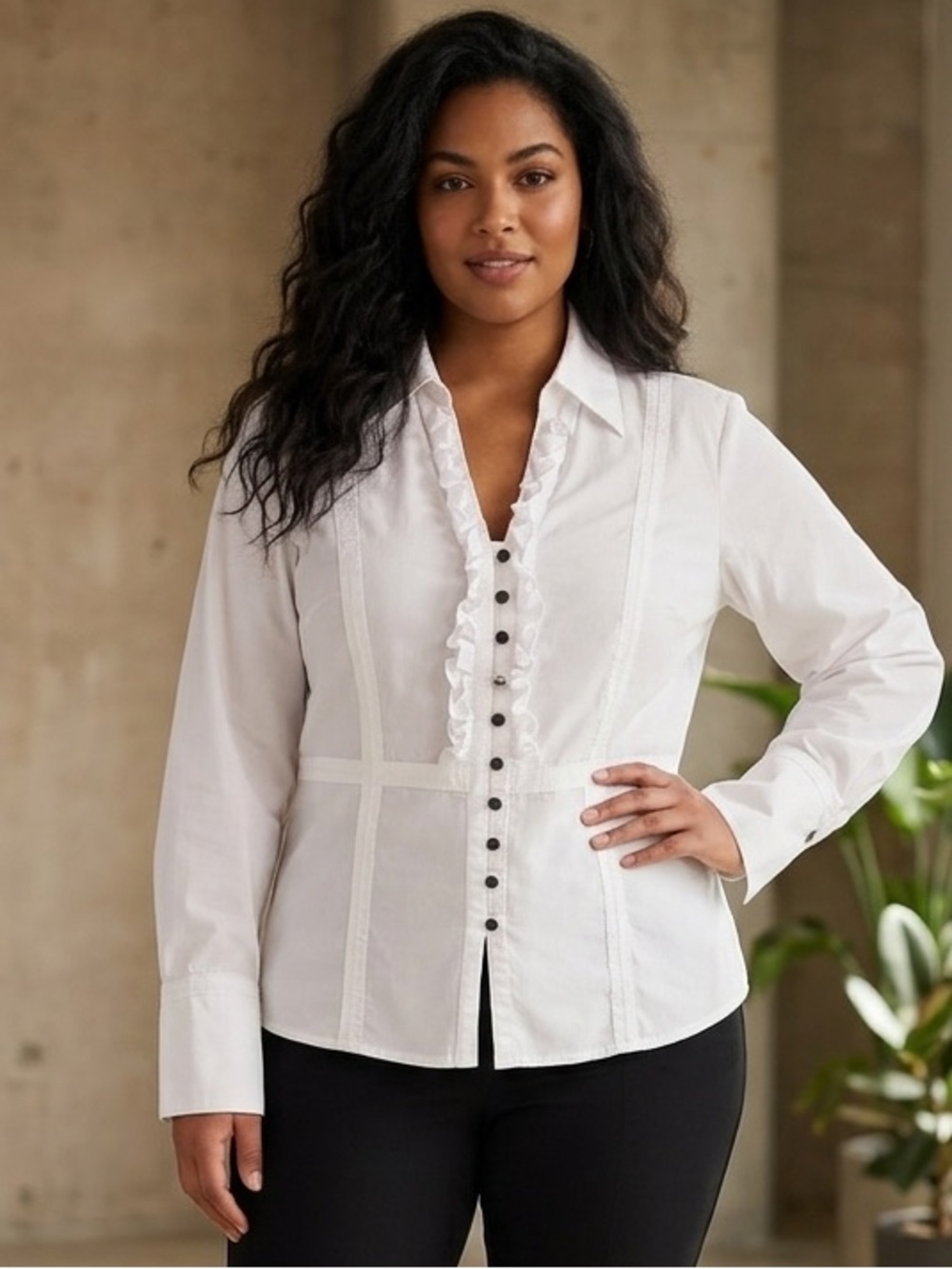 San Francisco White Long Sleeved button down ruffled blouse Blouse Size X-Large